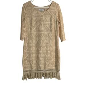 Jody California Dress Womens Large Beige Lace Overlay Midi Fringe Hem USA Made